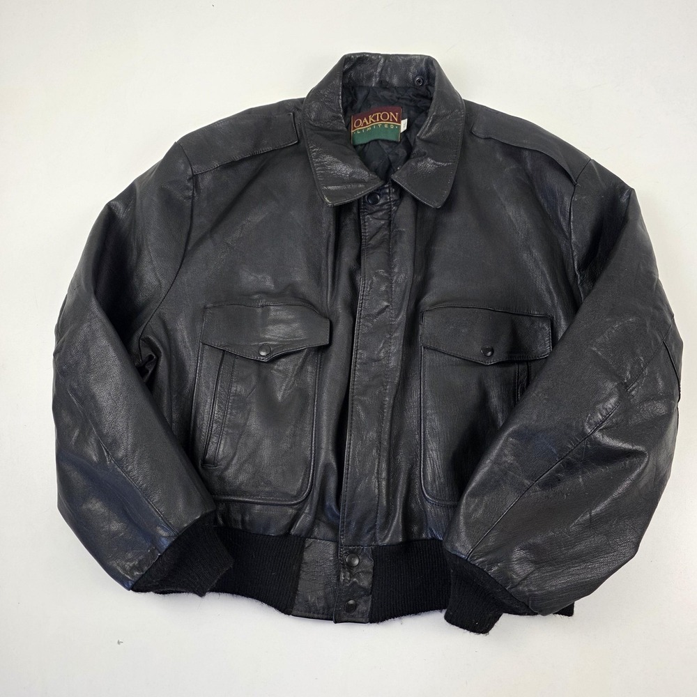 Vintage 90s Oakton Limited Jacket Mens 2XL Black Leather Bomber Quilted Pockets